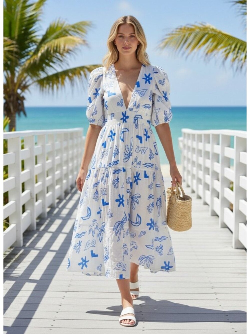 Here Comes The Sun Womens Maxi Dress S Blue White Print Puff Sleeve V Neck Boho